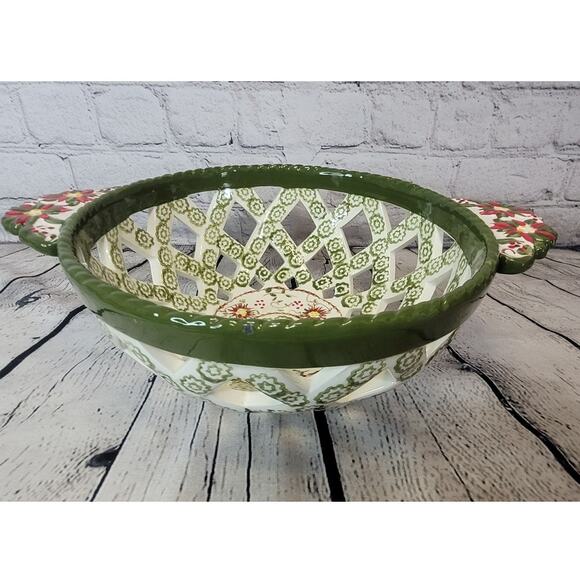 Temptations Ovenware By Tara Old World Green Red Holiday Round Bread Basket Bowl - Picture 4 of 6